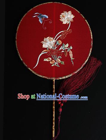 China Ancient Bride Red Silk Fan Handmade Embroidered Lotus Circular Fans Traditional Wedding Hanfu Palace Fan