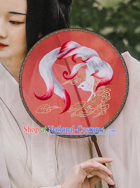 China Handmade Rosewood Circular Fans Traditional Hanfu Palace Fan Embroidered Nine Tail Fox Red Silk Fan