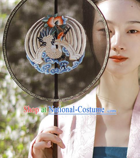 China Traditional Hanfu Palace Fan Embroidered Crane Black Silk Fan Handmade Rosewood Circular Fans