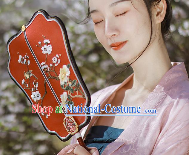 China Traditional Wedding Hanfu Palace Fan Handmade Rosewood Fans Embroidered Plum Blossom Red Silk Fan