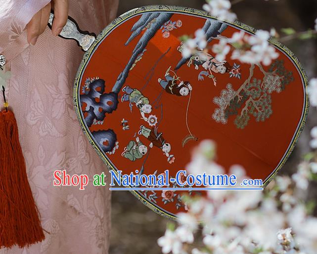 China Handmade Hanfu Fans Embroidered Children Red Silk Fan Traditional Wedding Palace Fan