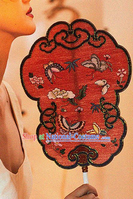 China Traditional Hanfu Red Silk Fan Handmade Butterfly Pattern Fans Wedding Palace Fan