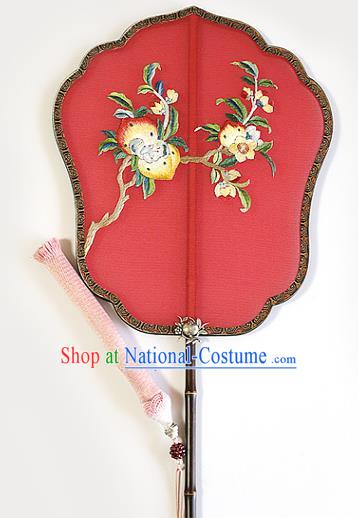 China Handmade Fans Traditional Hanfu Red Silk Fan Wedding Embroidered Peach Palace Fan