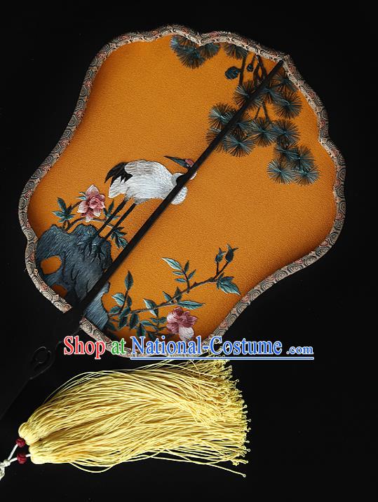 China Traditional Hanfu Orange Silk Palace Fan Handmade Embroidered Pine Crane Fans Ancient Court Princess Fan