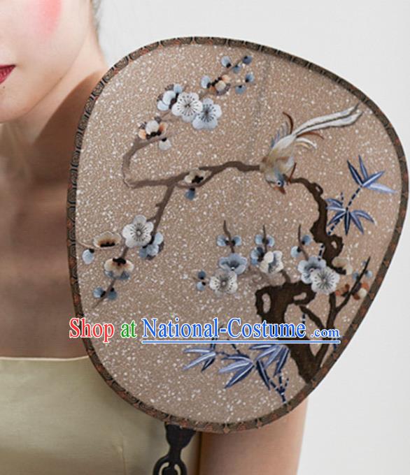 China Wedding Embroidered Plum Blossom Palace Fan Handmade Fans Traditional Hanfu Brown Silk Fan