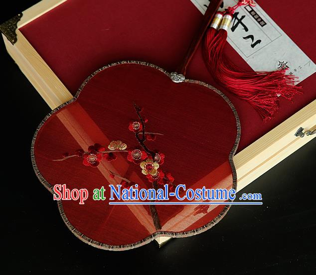 China Ancient Court Princess Palace Fan Handmade Embroidered Plum Blossom Fans Traditional Hanfu Red Silk Fan