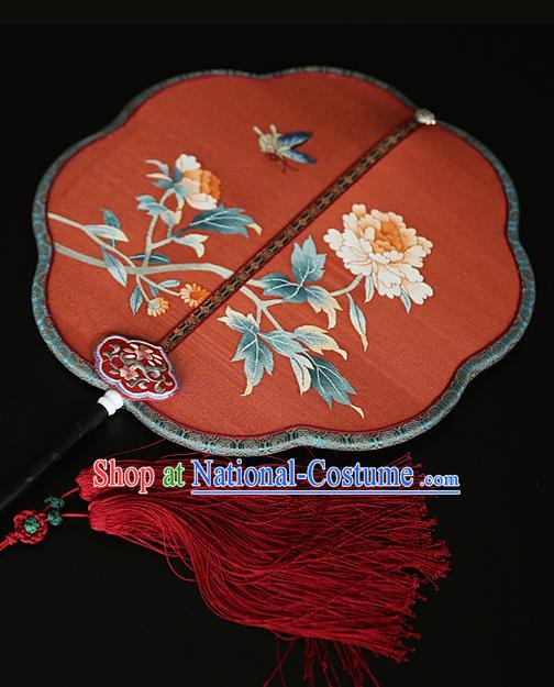 China Handmade Peony Pattern Palace Fan Wedding Red Silk Fan Traditional Court Hanfu Fan