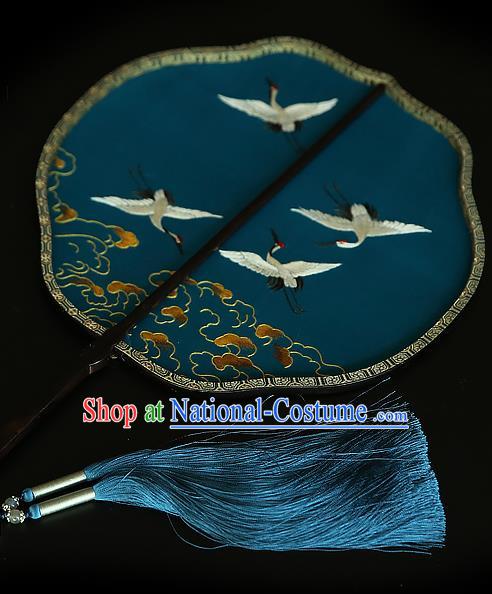 China Handmade Embroidered Cranes Palace Fan Traditional Court Hanfu Fan Wedding Blue Silk Fan