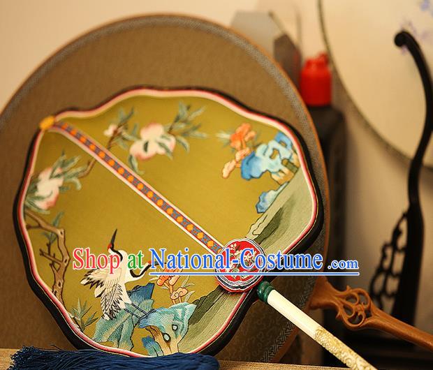 China Wedding Yellow Silk Fan Handmade Palace Fan Traditional Court Hanfu Embroidered Crane Fan