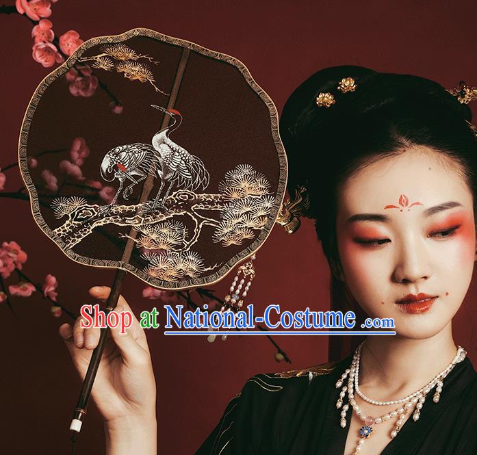 China Ancient Princess Palace Fan Handmade Painting Pine Crane Black Silk Fan Traditional Wedding Hanfu Fans