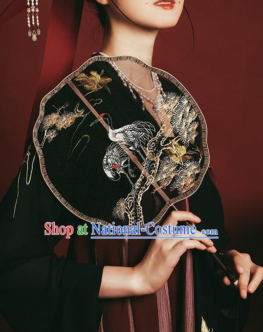 China Ancient Princess Palace Fan Handmade Painting Pine Crane Black Silk Fan Traditional Wedding Hanfu Fans