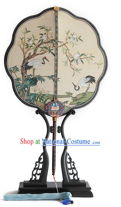 China Kesi Wedding Fan Traditional Hanfu Silk Fan Handmade Crane Peach Pattern Palace Fan