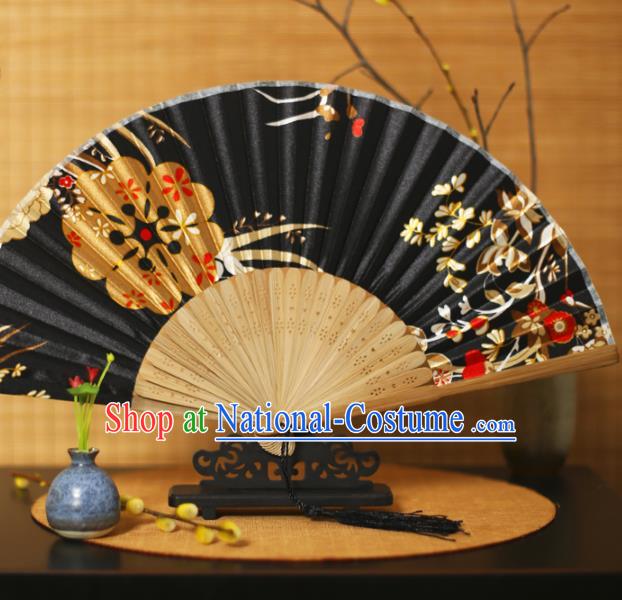 China Classical Folding Fan Traditional Printing Sakura Black Silk Fan Accordion