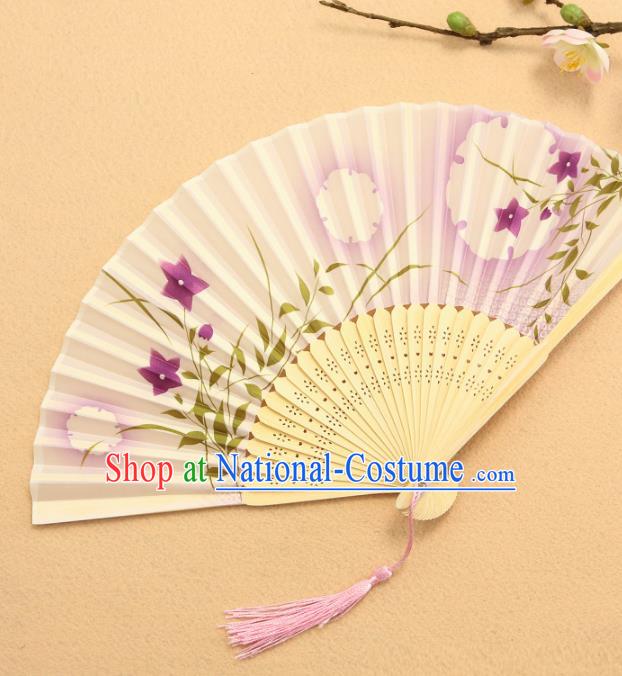 China Traditional Printing Primrose Fan Accordion Classical Folding Fan Silk Fans