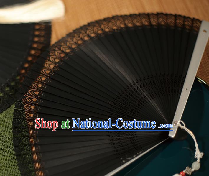 China Traditional Carving Fan Accordion Classical Folding Fan Black Bamboo Fans