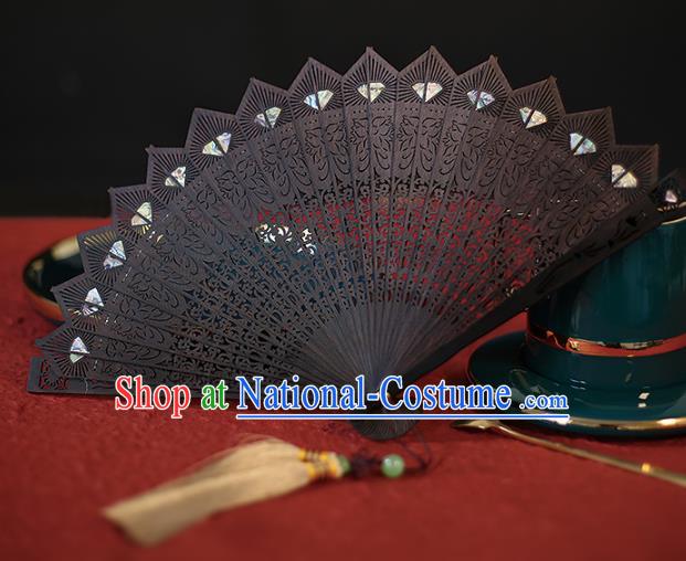 China Traditional Sandalwood Carving Fan Accordion Classical Folding Fan Black Hollowed Fans