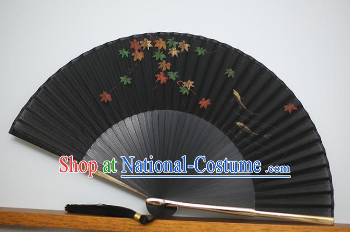 China Traditional Printing Maple Leaf Fan Accordion Classical Folding Fan Black Silk Fans