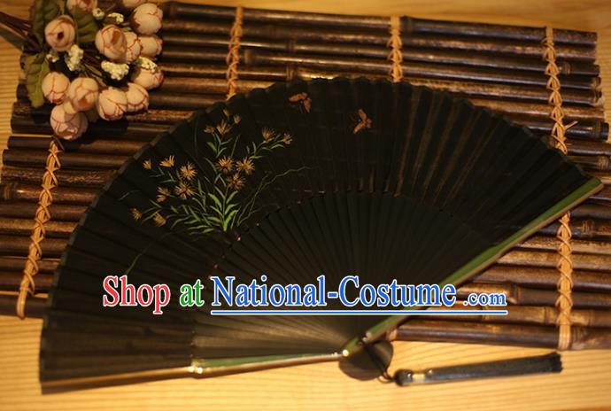 China Traditional Accordion Classical Folding Fan Black Silk Fans Printing Orchid Fan