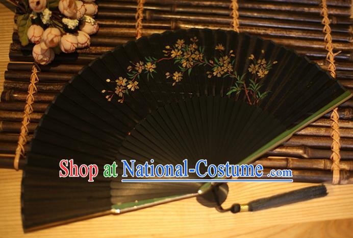 China Classical Folding Fan Black Silk Fans Printing Flowers Fan Traditional Accordion