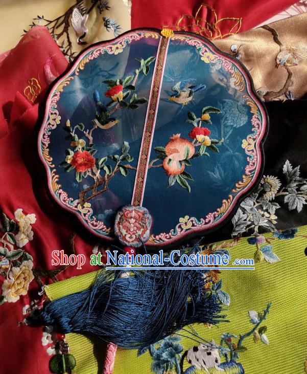 China Traditional Court Hanfu Fan Handmade Embroidered Pomegranate Palace Fan Wedding Blue Silk Fan