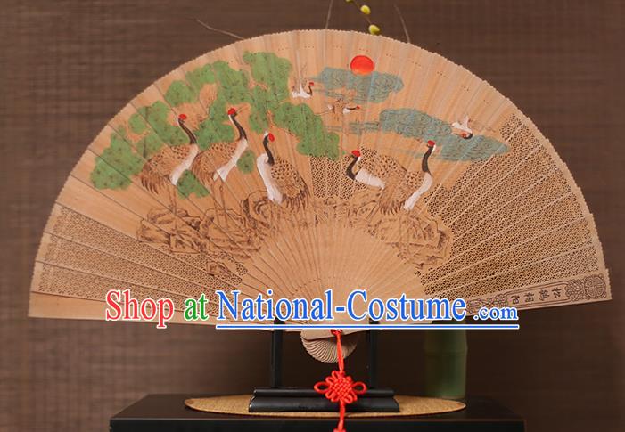 China Printing Cranes Folding Fan Classical Wood Carving Fan Traditional Sandalwood Accordion