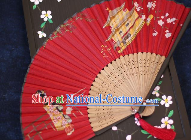 China Classical Red Silk Fans Printing Fan Traditional Japan Kimono Accordion Folding Fan