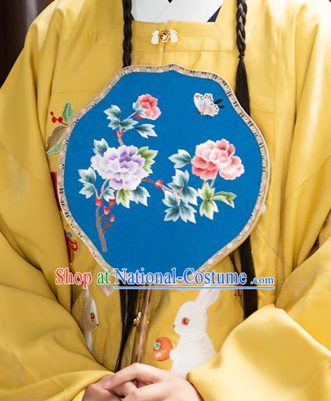 China Embroidered Peony Fan Traditional Blue Silk Fans Ancient Hanfu Palace Fan