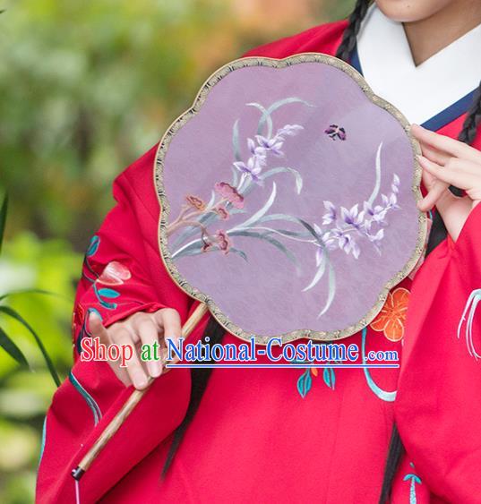 China Embroidered Orchids Fan Ancient Noble Lady Palace Fan Traditional Hanfu Lilac Silk Fans