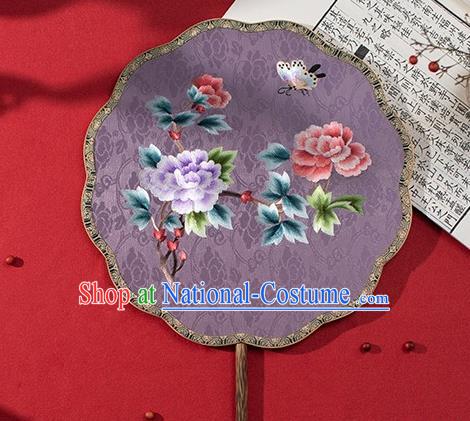 China Traditional Hanfu Lilac Silk Fans Embroidered Peony Fan Ancient Noble Lady Palace Fan