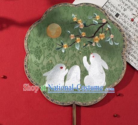 China Ancient Noble Lady Palace Fan Traditional Hanfu Green Silk Fans Embroidered Rabbit Fan