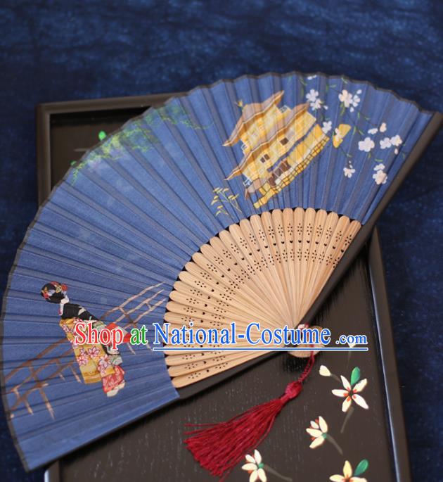 China Printing Fan Traditional Japan Kimono Accordion Folding Fan Classical Blue Silk Fans