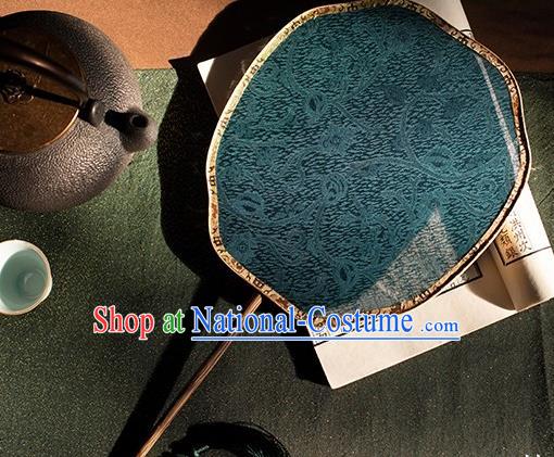 China Handmade Song Dynasty Hanfu Bamboo Circular Fan Traditional Peacock Blue Silk Palace Fan