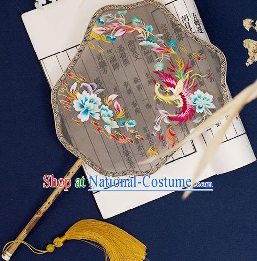 China Classical Hanfu Bamboo Palace Fan Traditional Grey Silk Fan Handmade Embroidered Phoenix Peony Court Fan