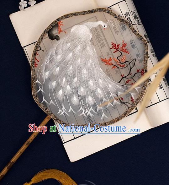 China Traditional Grey Silk Fan Classical Hanfu Bamboo Palace Fan Handmade Embroidered White Peacock Court Fan