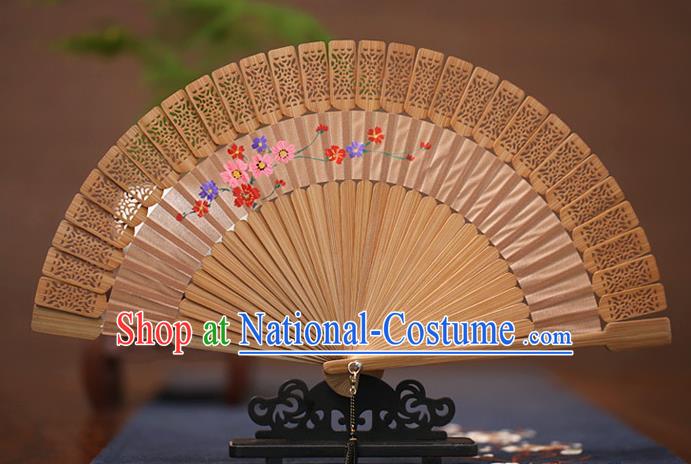 China Printing Flowers Fan Traditional Sandalwood Accordion Folding Fan Classical Fans