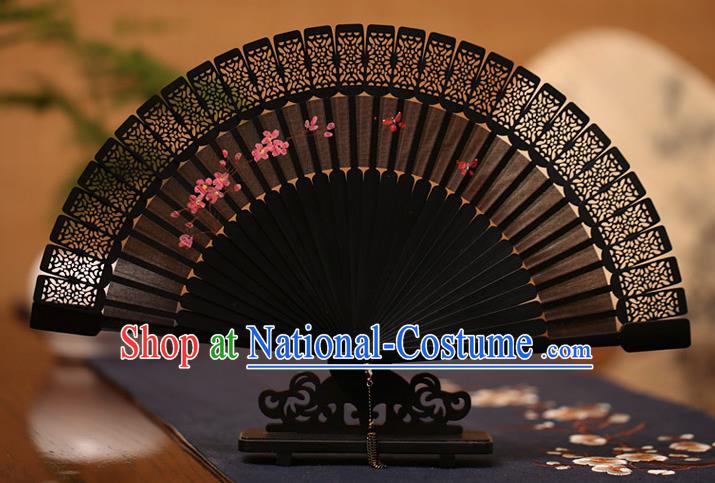 China Folding Fan Classical Fans Printing Flowers Black Fan Traditional Sandalwood Accordion