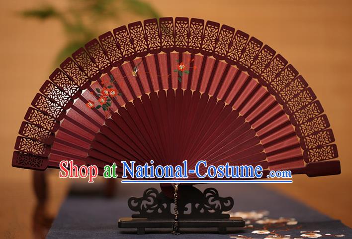 China Traditional Sandalwood Accordion Folding Fan Classical Fans Printing Flowers Wine Red Fan