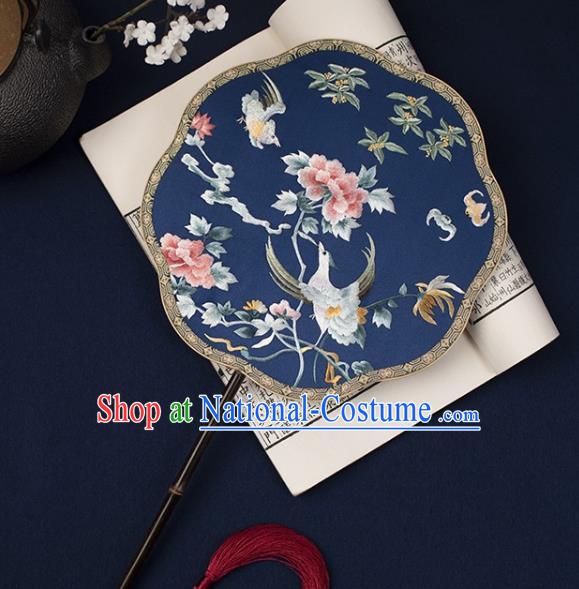 China Handmade Embroidered Phoenix Peony Palace Fan Princess Mottled Bamboo Fan Traditional Hanfu Blue Silk Fan