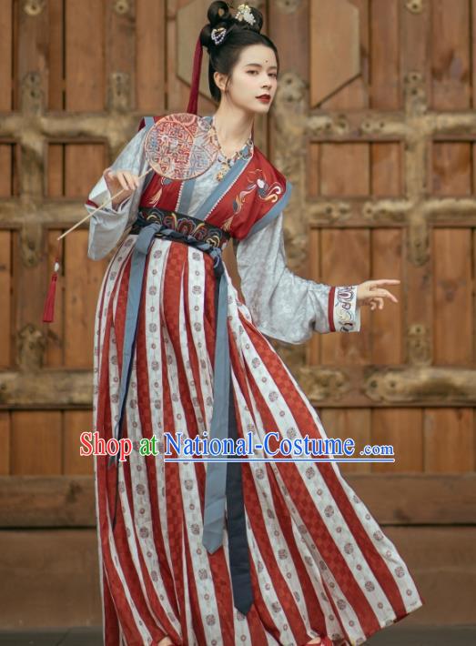 Traditional China Ancient Palace Lady Embroidered Red Hanfu Dress Tang Dynasty Young Beauty Historical Clothing