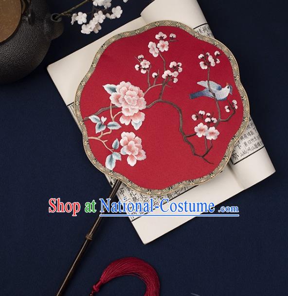 China Embroidered Plum Peony Palace Fan Handmade Mottled Bamboo Fan Traditional Wedding Red Silk Fan