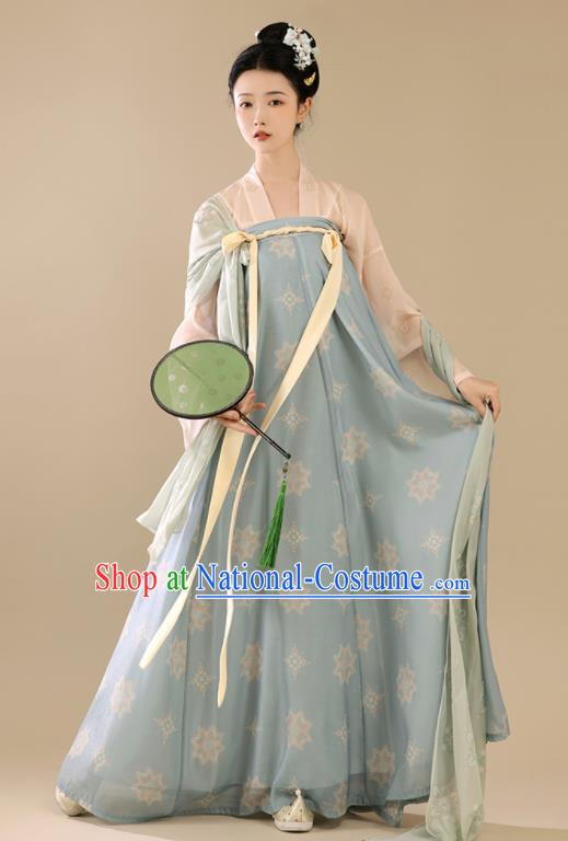 Chinese Traditional Tang Dynasty Young Lady Garment Costumes Ancient Hanfu Clothing Blue Qixiong Ruqun Hanfu Dress