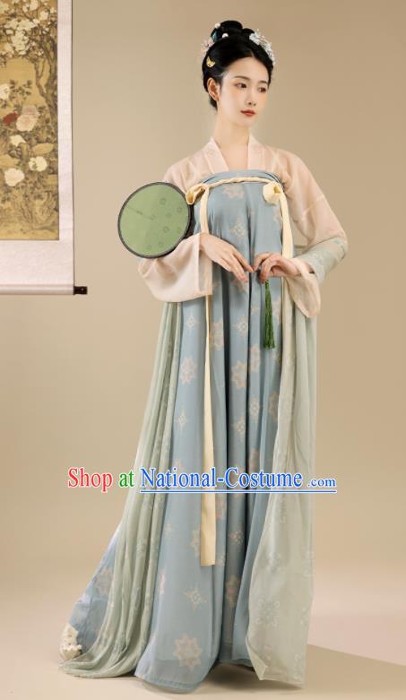 Chinese Traditional Tang Dynasty Young Lady Garment Costumes Ancient Hanfu Clothing Blue Qixiong Ruqun Hanfu Dress