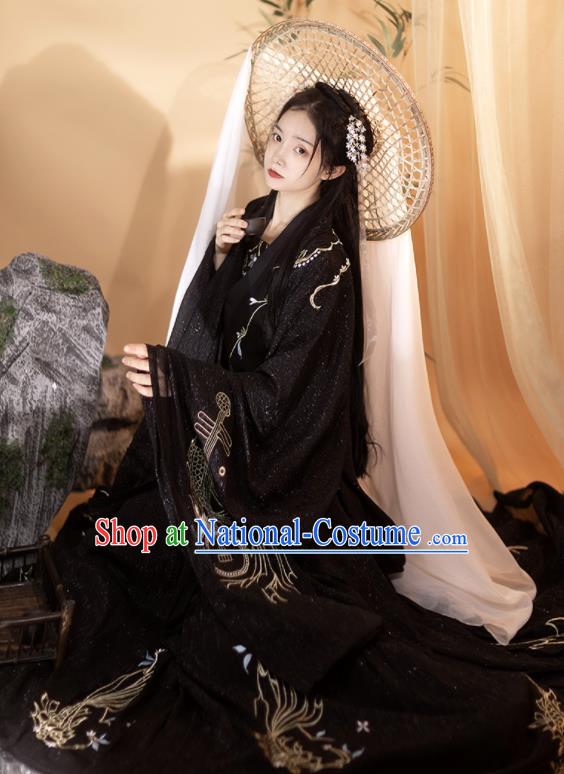 Chinese Ancient Swordswoman Hanfu Clothing Traditional Ruqun Black Dress Tang Dynasty Beauty Garment Costumes Complete Set