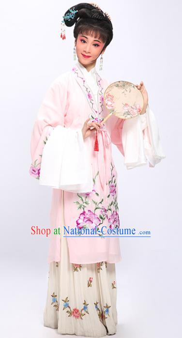 China Shaoxing Opera Noble Beauty Embroidered Peony Pink Cloak Clothing Traditional Yue Opera Hua Tan Garment Costumes and Headwear