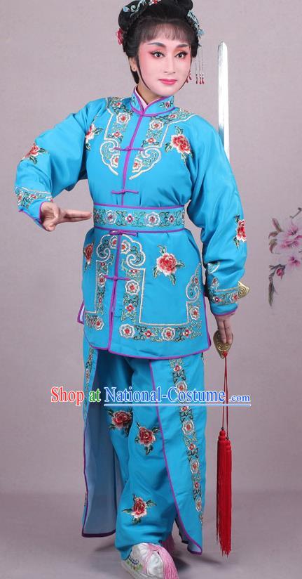 China Traditional Peking Opera Blues Dao Ma Dan Garment Costumes Shaoxing Opera Martial Arts Woman Blue Dress Clothing