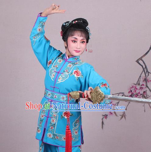 China Traditional Peking Opera Blues Dao Ma Dan Garment Costumes Shaoxing Opera Martial Arts Woman Blue Dress Clothing