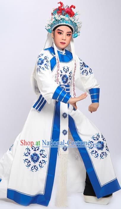 Chinese Yue Opera General White Robe Clothing Traditional Shaoxing Opera Martial Arts Male Garment Costumes and Hat