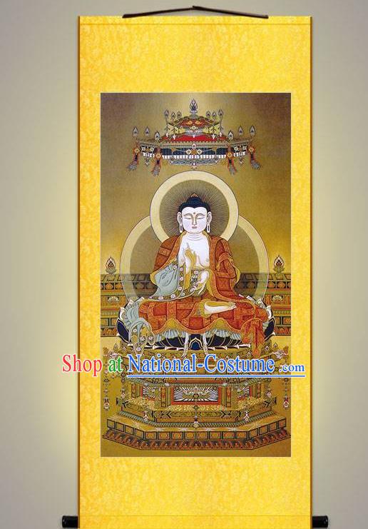 Chinese Traditional Buddhism Painting Silk Fabric Buddha Figure Picture Hand Painting Shakyamuni Scroll Artwork