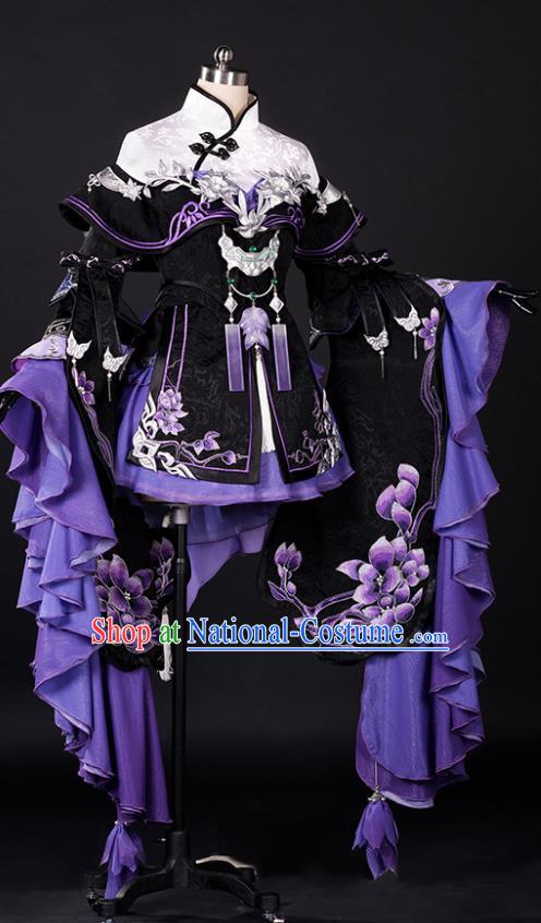 China Ancient Young Lady Garment Costumes Game Jian Xia Qing Yuan Xue He Clothing Cosplay Fairy Purple Dress Set