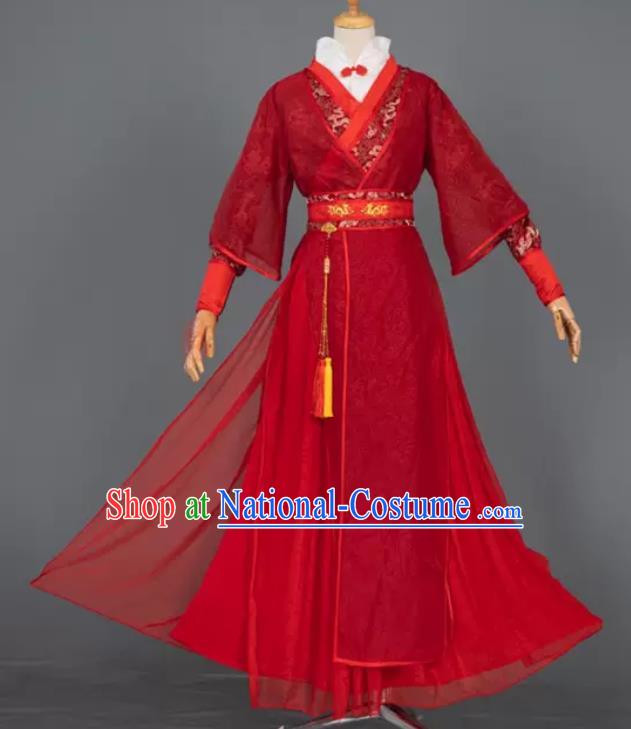 China Cosplay Swordsman Red Apparels Ancient Prince Garment Costumes Traditional Wedding Hanfu Clothing